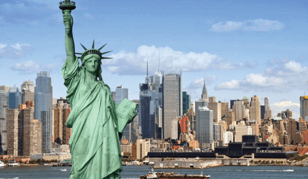 Statue of Liberty with New York City skyline in background, promoting data recovery services.