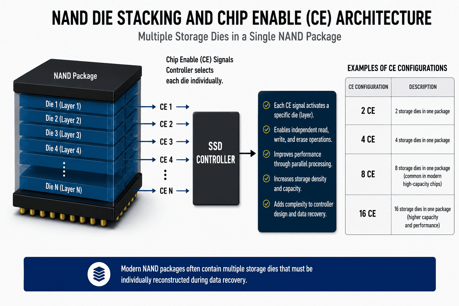 NAND die-stacking architecture showing multiple memory dies and chip-enable signals inside a modern flash package