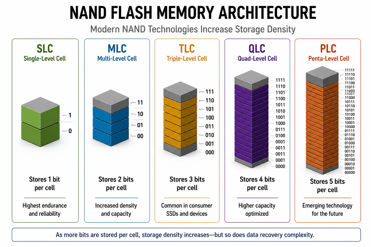 NAND flash memory architecture comparing SLC, MLC, TLC, QLC, and PLC storage technologies
