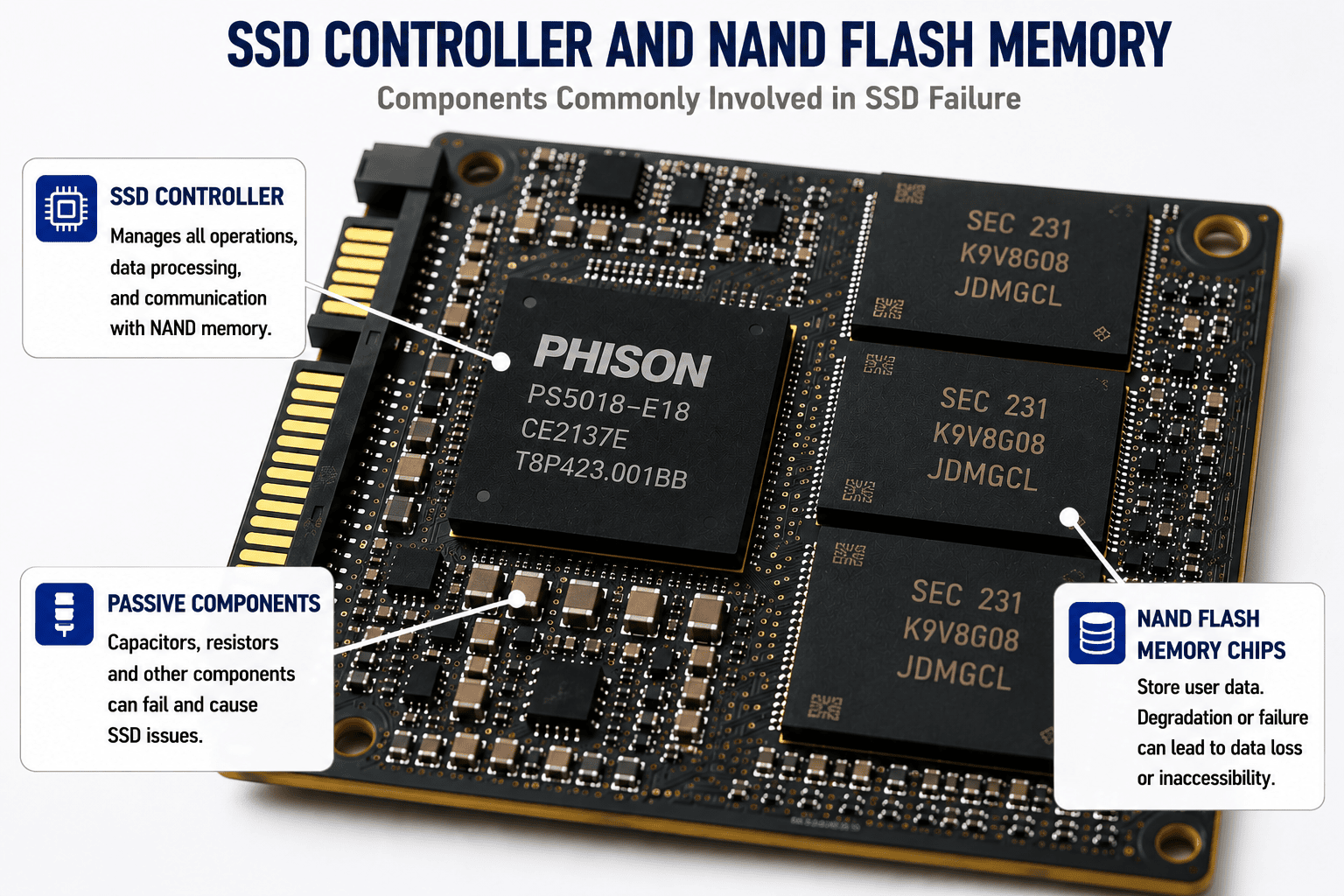 SSD controller and NAND flash memory chips involved in solid-state drive failure and professional data recovery