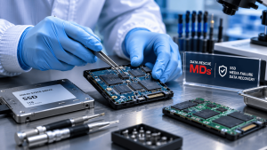 NVMe SSD, SATA SSD, USB flash drive, and memory cards representing common solid-state storage devices that may require data recovery