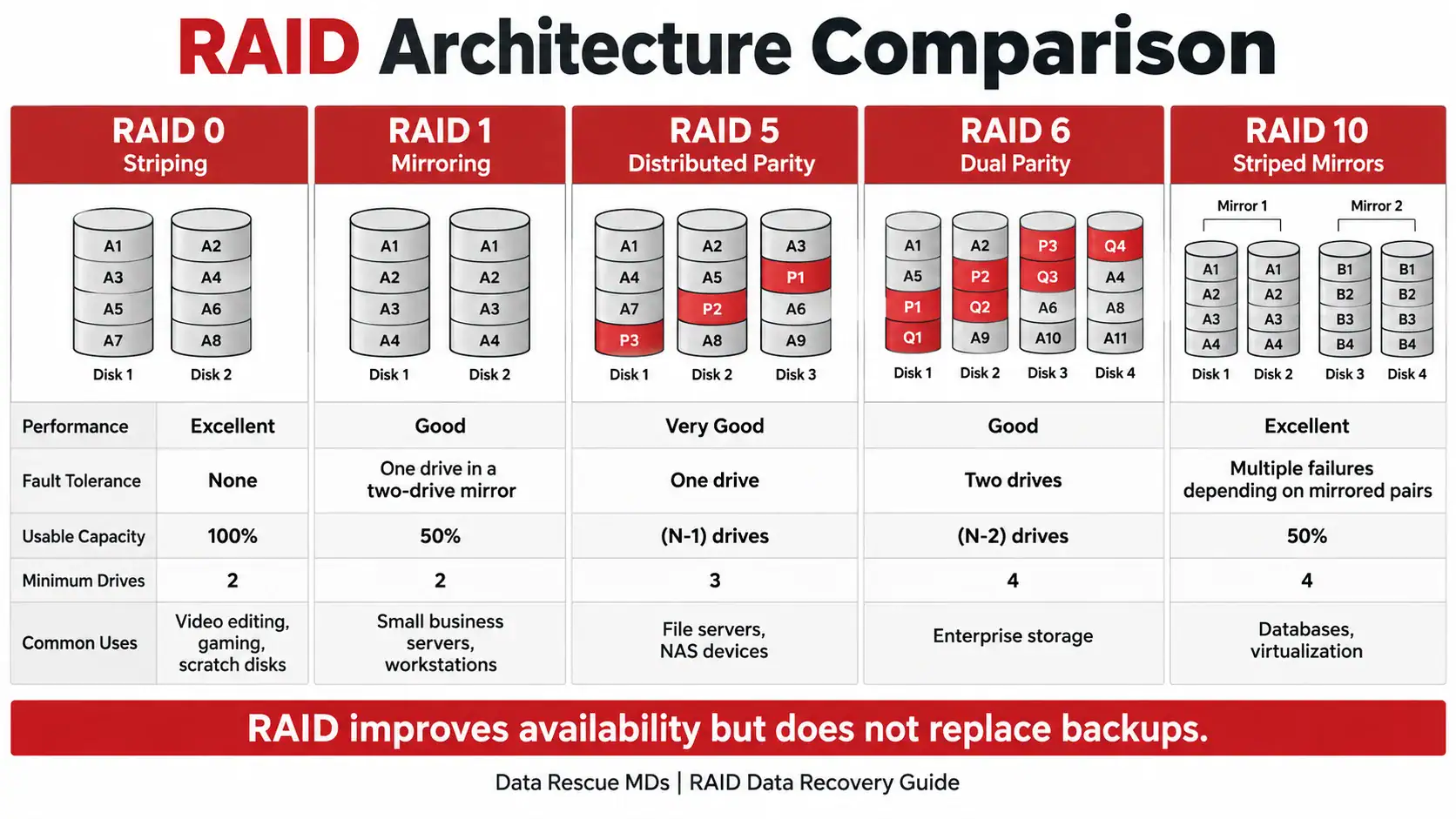 RAID 0, RAID 1, RAID 5, RAID 6 and RAID 10 comparison showing performance, fault tolerance, capacity and minimum drives